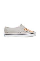 Side view of a Native Shoes Kids Miles Block Kids Footwear in Slkgry/Shlwht/Corgidogbloc