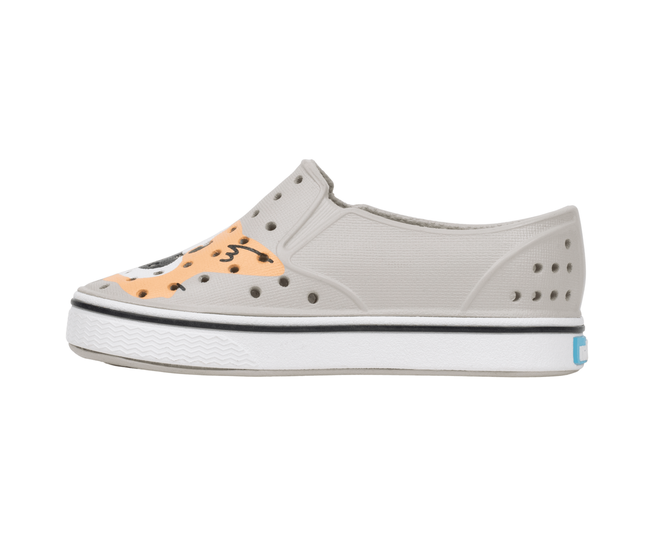 Angled view of a Native Shoes Kids Miles Block Kids | Slkgry/Shlwht/Corgidogbloc Footwear in Slkgry/Shlwht/Corgidogbloc