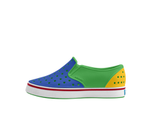 Side view of a Native Shoes Kids Miles Block Kids Footwear in Hilly Green / Shell White / Uv Freesia Block