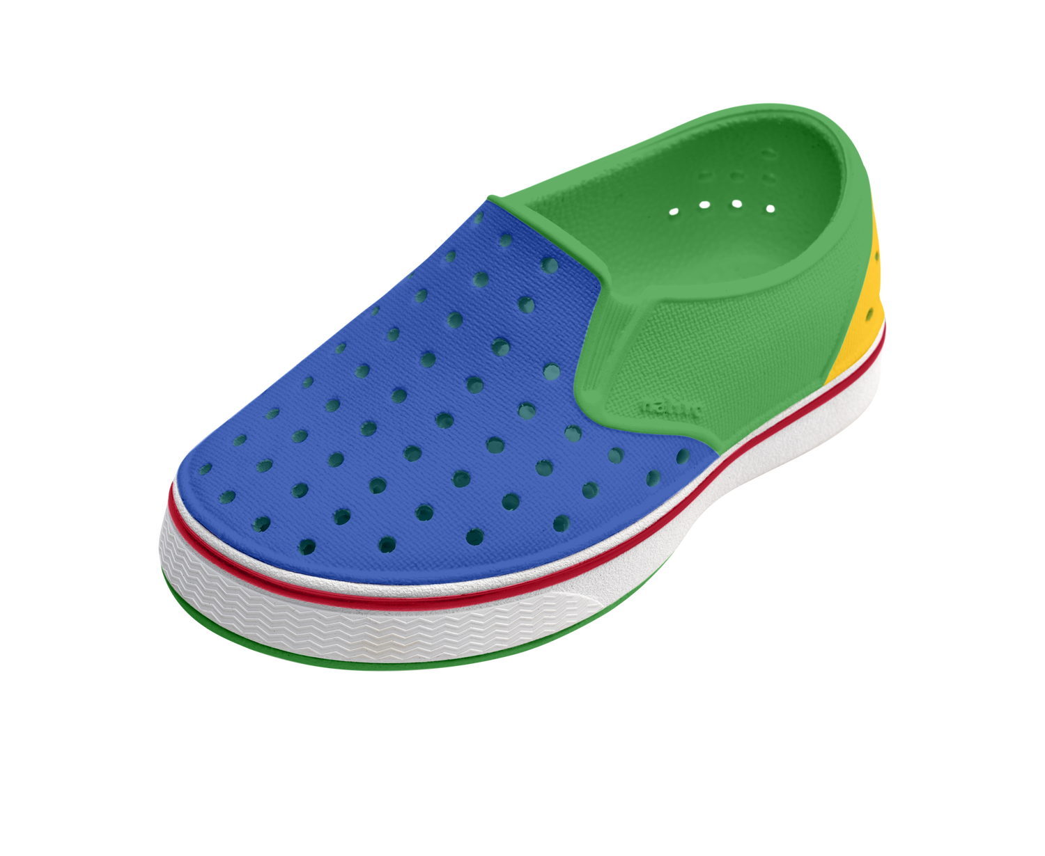 Angled view of a Native Shoes Kids Miles Block Kids | Hilly Green / Shell White / Uv Freesia Block Footwear in Hilly Green / Shell White / Uv Freesia Block