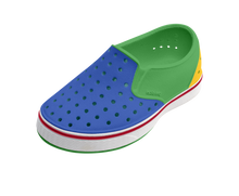 Angled view of a Native Shoes Kids Miles Block Kids | Hilly Green / Shell White / Uv Freesia Block Footwear in Hilly Green / Shell White / Uv Freesia Block