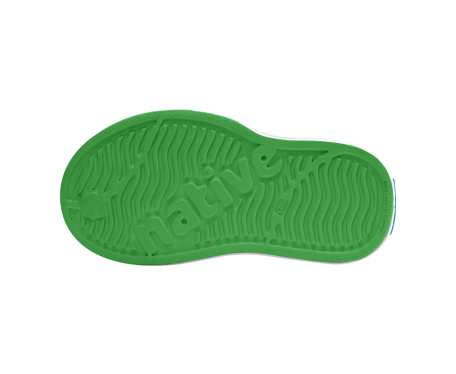 Bottom view of a Native Shoes Kids Miles Block Kids | Hilly Green / Shell White / Uv Freesia Block Footwear in Hilly Green / Shell White / Uv Freesia Block