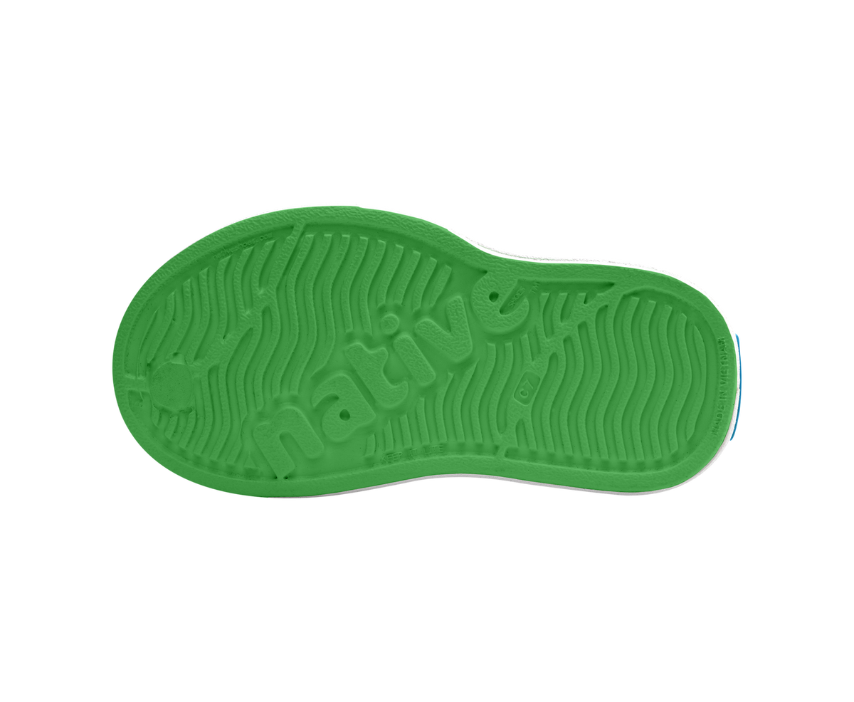Bottom view of a Native Shoes Kids Miles Block Kids | Hilly Green / Shell White / Uv Freesia Block Footwear in Hilly Green / Shell White / Uv Freesia Block
