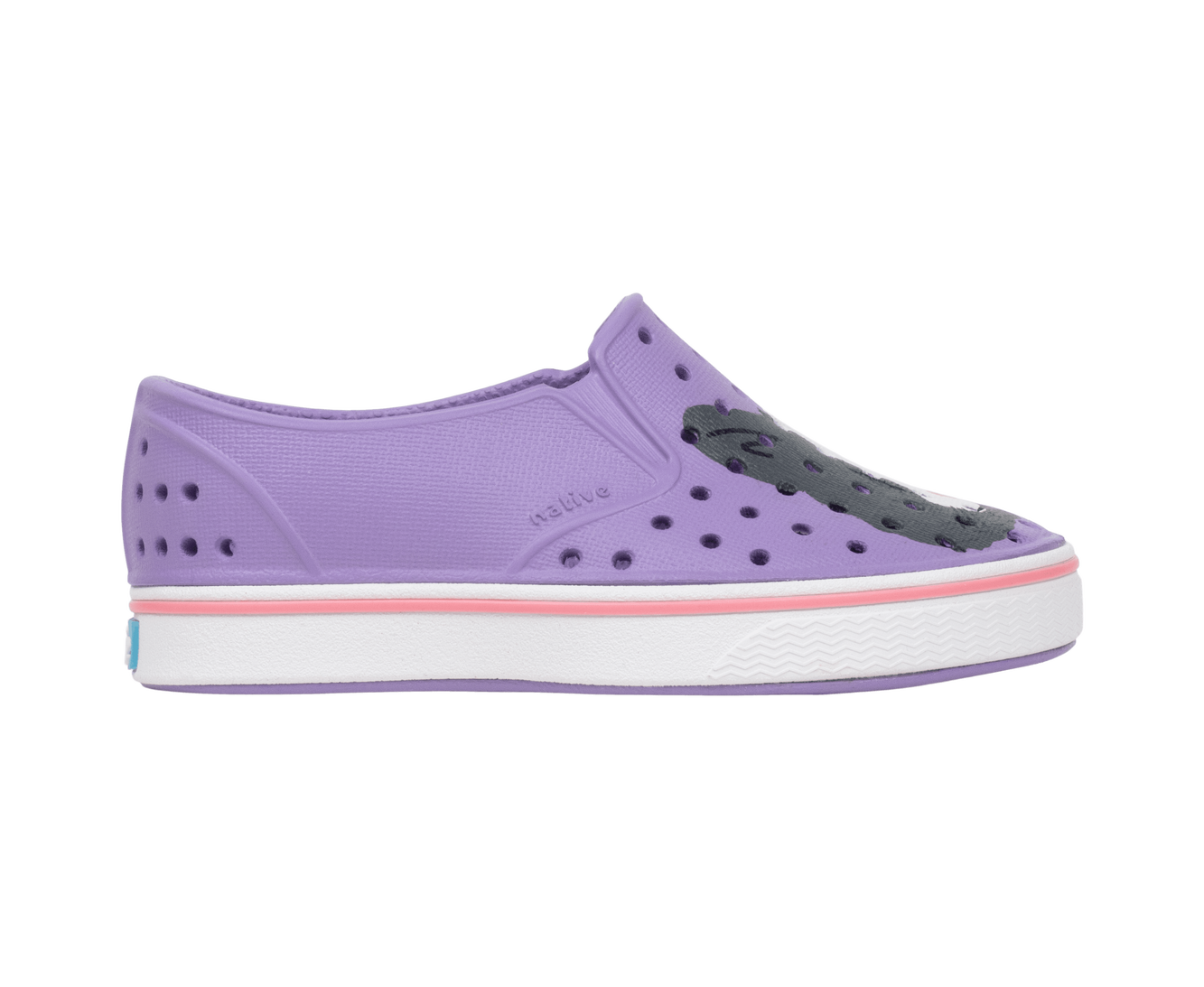 Side view of a Native Shoes Kids Miles Block Kids Footwear in Taro Samba Bling / Shell White