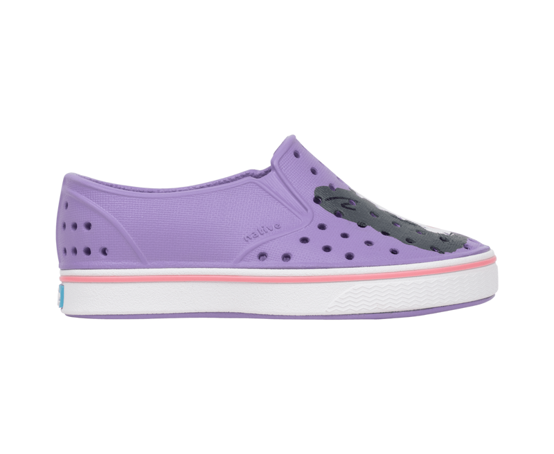 Side view of a Native Shoes Kids Miles Block Kids Footwear in Taro Samba Bling / Shell White