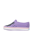 Angled view of a Native Shoes Kids Miles Block Kids | Taro Samba Bling / Shell White Footwear in Taro Samba Bling / Shell White
