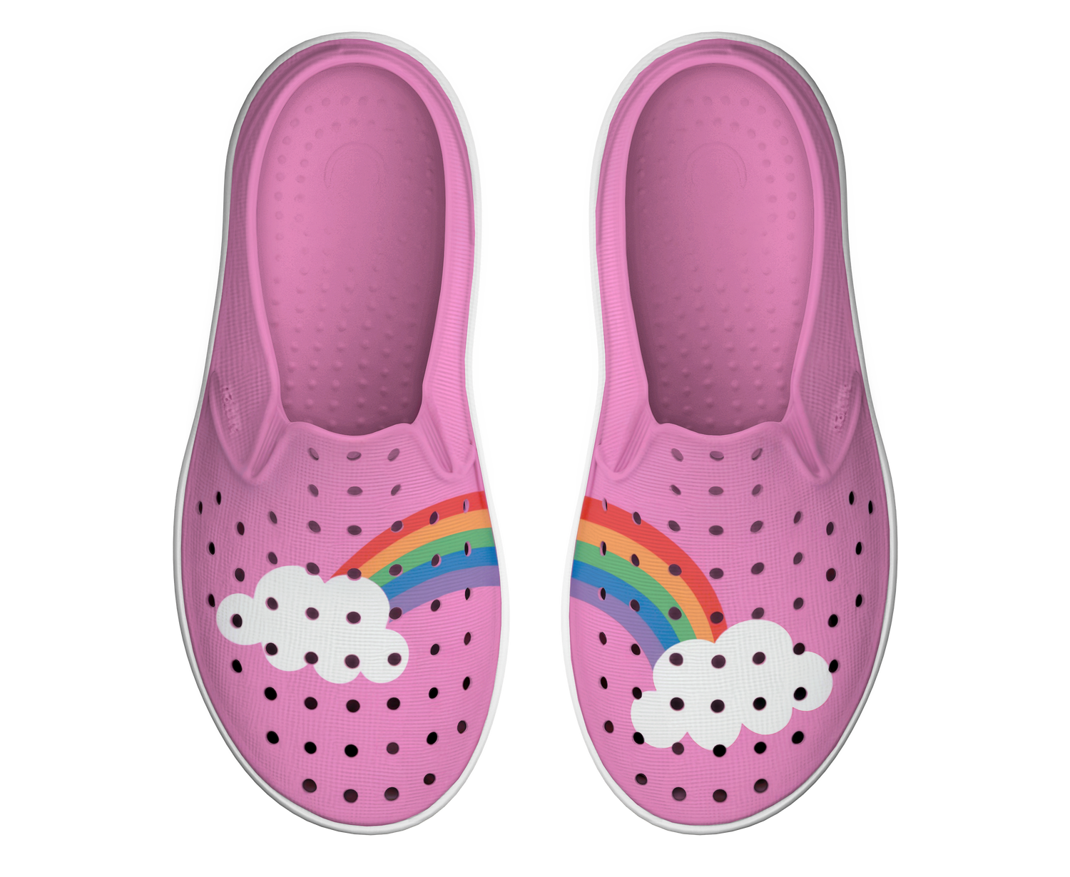 Side view of a Native Shoes Kids Miles Block Kids Footwear in Malibu Pink / Shell White / Rainbow Block
