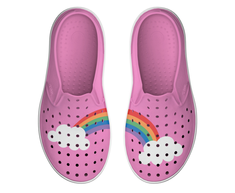 Side view of a Native Shoes Kids Miles Block Kids Footwear in Malibu Pink / Shell White / Rainbow Block