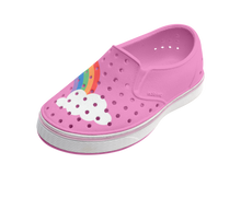 Angled view of a Native Shoes Kids Miles Block Kids | Malibu Pink / Shell White / Rainbow Block Footwear in Malibu Pink / Shell White / Rainbow Block