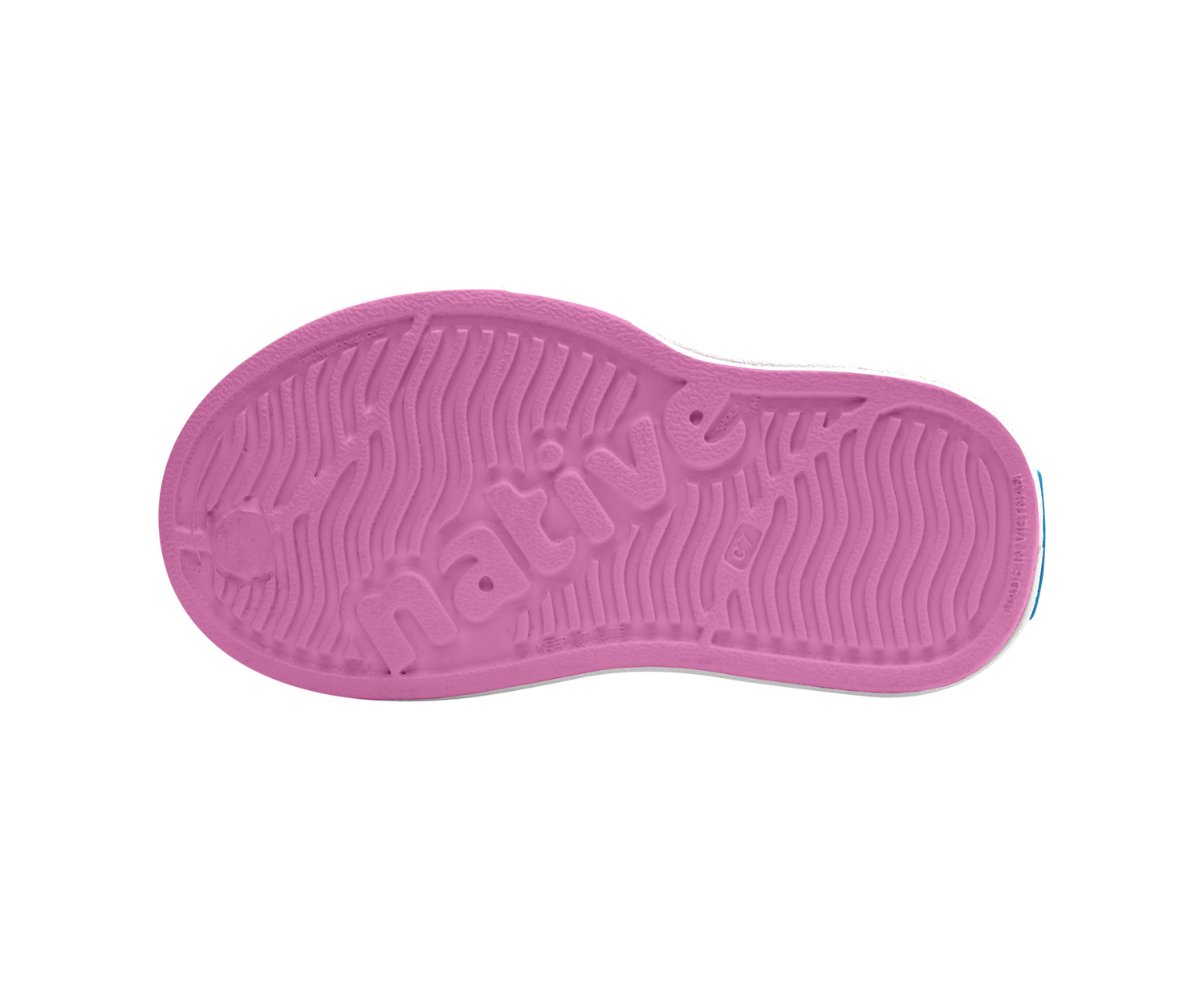 Bottom view of a Native Shoes Kids Miles Block Kids | Malibu Pink / Shell White / Rainbow Block Footwear in Malibu Pink / Shell White / Rainbow Block