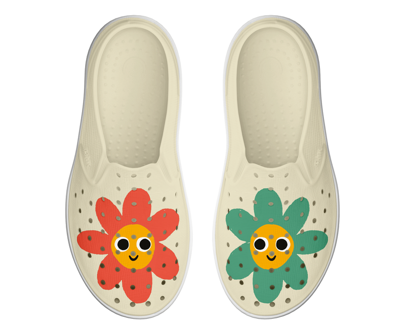 Side view of a Native Shoes Kids Miles Block Kids Footwear in Bone White / Shell White / Happy Flower Block