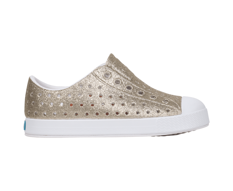 Side view of a Native Shoes Kids Jefferson Bio-Bling Kids Footwear in Slkblng/Shlwht