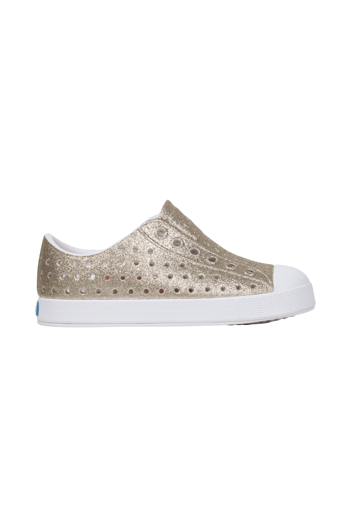 Side view of a Native Shoes Kids Jefferson Bio-Bling Kids Footwear in Slkblng/Shlwht
