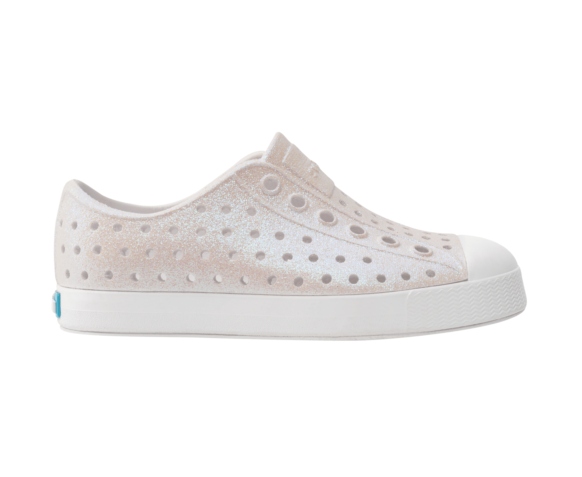 Side view of a Native Shoes Kids Jefferson Bio-Bling Kids Footwear in Shell White Bling / Shell White