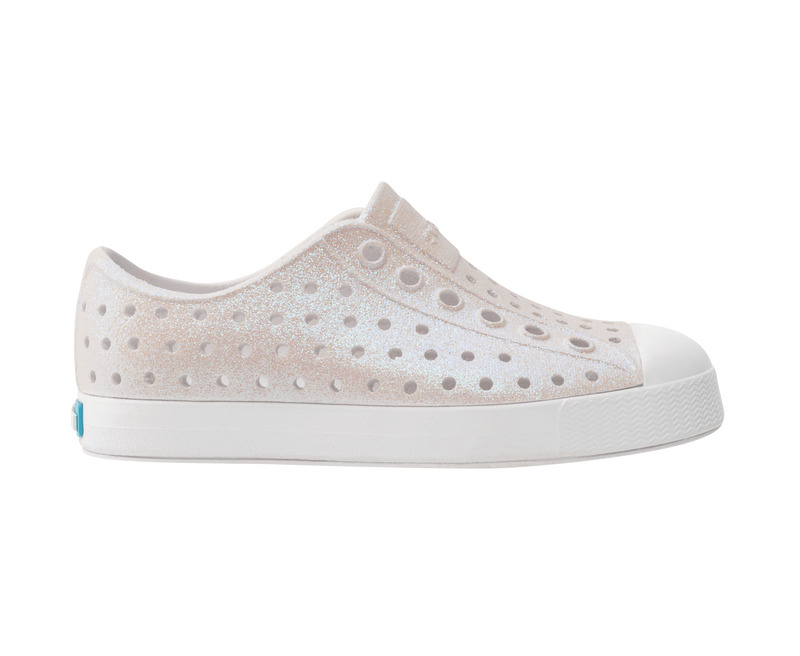 Side view of a Native Shoes Kids Jefferson Bio-Bling Kids Footwear in Shell White Bling / Shell White