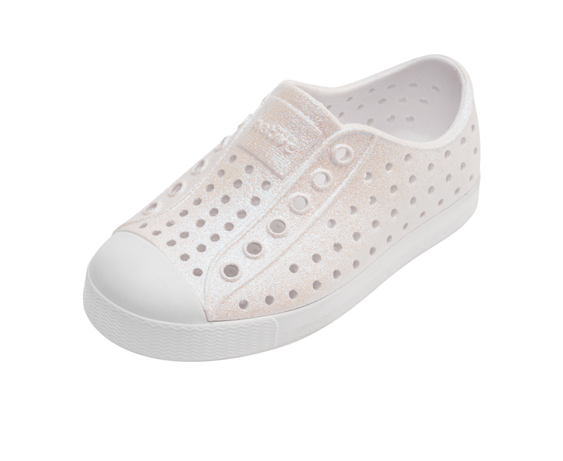 Angled view of a Native Shoes Kids Jefferson Bio-Bling Kids | Shell White Bling / Shell White Footwear in Shell White Bling / Shell White