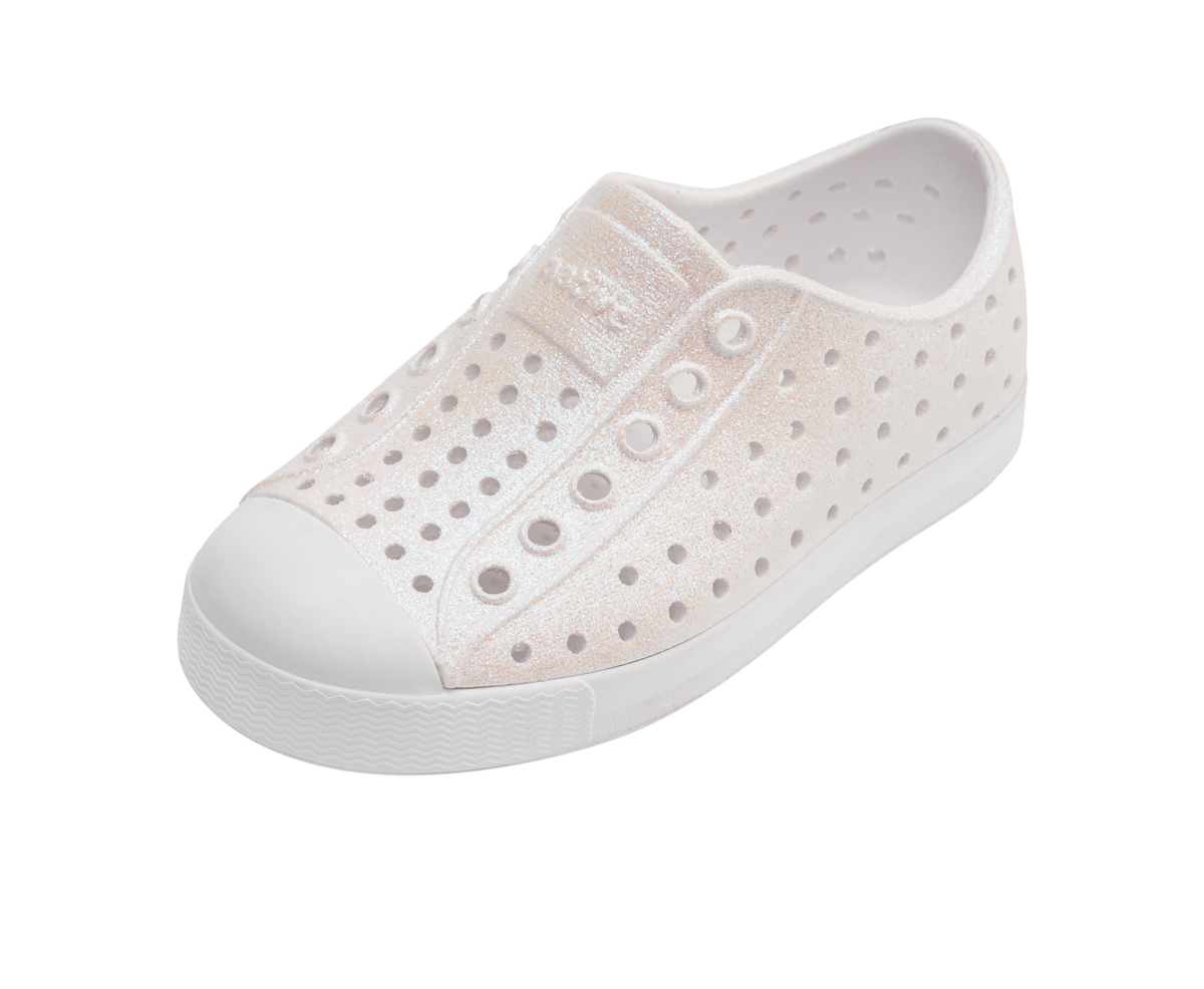 Angled view of a Native Shoes Kids Jefferson Bio-Bling Kids | Shell White Bling / Shell White Footwear in Shell White Bling / Shell White