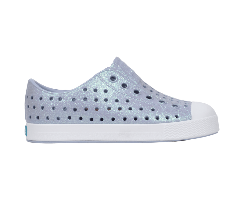 Side view of a Native Shoes Kids Jefferson Bio-Bling Kids Footwear in Skwyblng/Shlwht