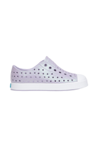 Side view of a Native Shoes Kids Jefferson Bio-Bling Kids Footwear in Future Purple Bling / Shell White