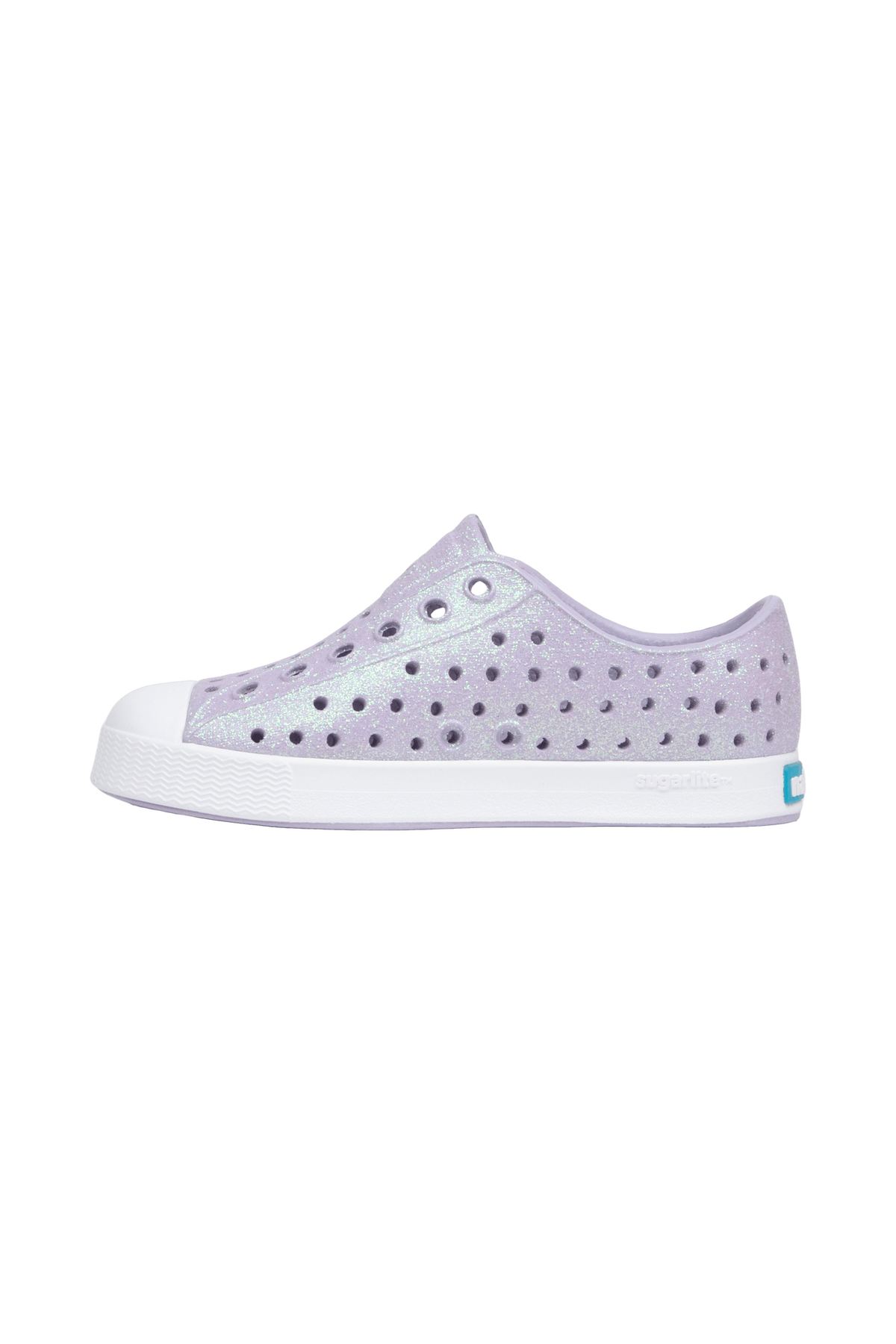 Bottom view of a Native Shoes Kids Jefferson Bio-Bling Kids | Future Purple Bling / Shell White Footwear in Future Purple Bling / Shell White