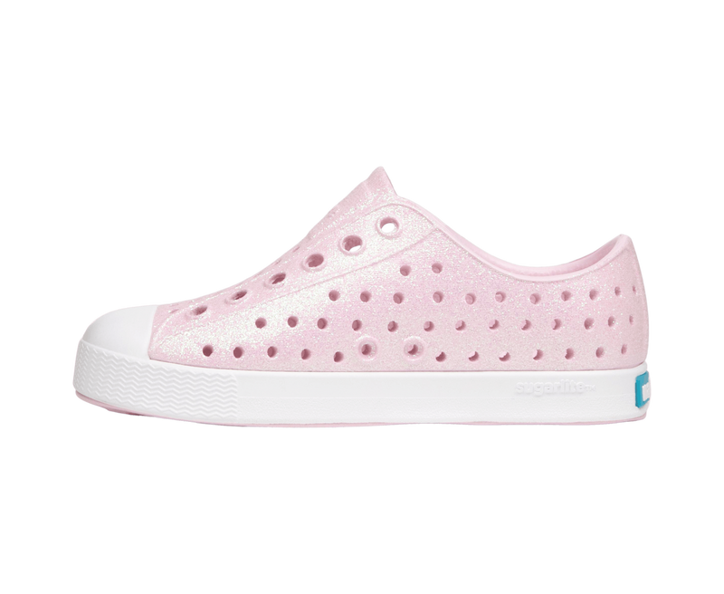 Angled view of a Native Shoes Kids Jefferson Bio-Bling Kids | Barely Pink Bling / Shell White Footwear in Barely Pink Bling / Shell White
