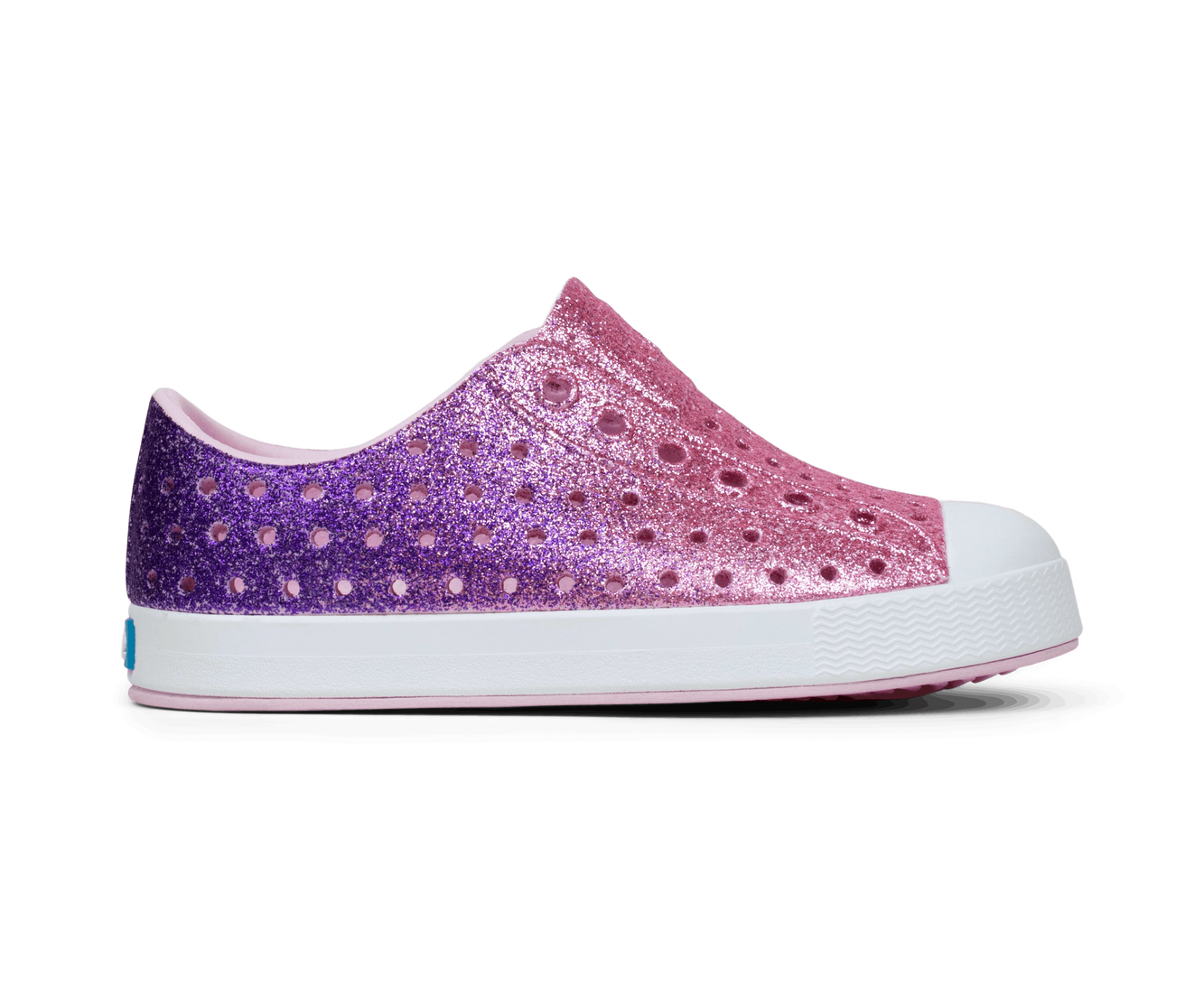 Side view of a Native Shoes Kids Jefferson Bio-Bling Kids Footwear in Paraglamblng/Shlwht