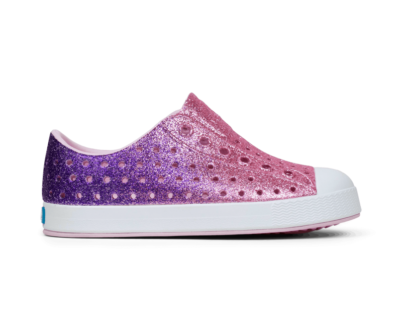 Side view of a Native Shoes Kids Jefferson Bio-Bling Kids Footwear in Paraglamblng/Shlwht