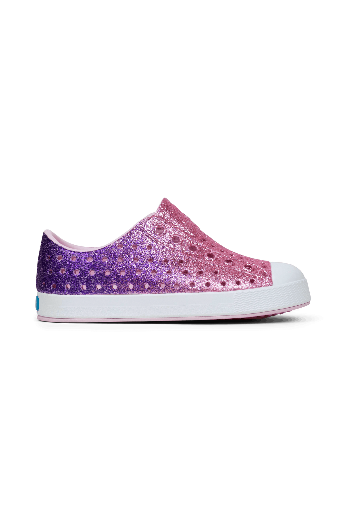 Side view of a Native Shoes Kids Jefferson Bio-Bling Kids Footwear in Paraglamblng/Shlwht