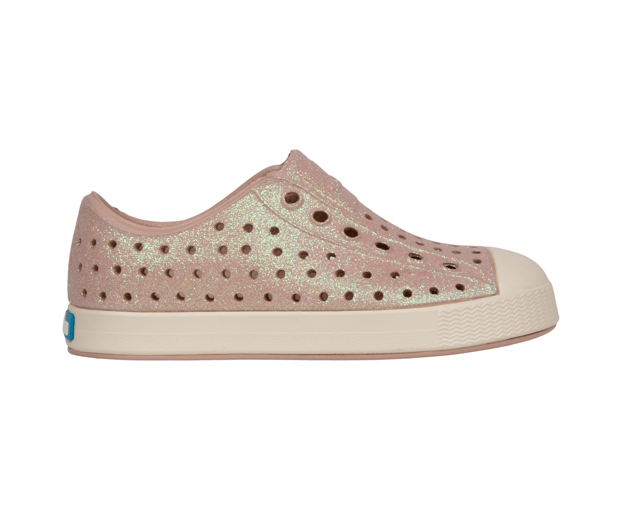 Side view of a Native Shoes Kids Jefferson Bio-Bling Kids Footwear in Chameleon Pink Bling / Bone White