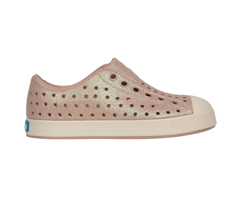 Side view of a Native Shoes Kids Jefferson Bio-Bling Kids Footwear in Chameleon Pink Bling / Bone White