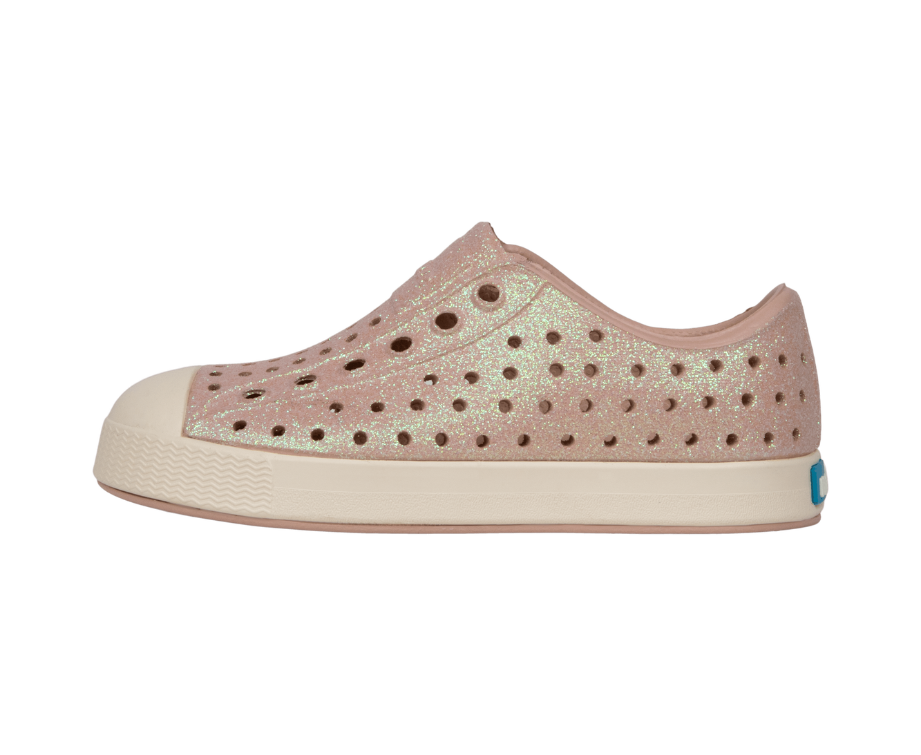 Angled view of a Native Shoes Kids Jefferson Bio-Bling Kids | Chameleon Pink Bling / Bone White Footwear in Chameleon Pink Bling / Bone White