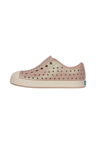 Angled view of a Native Shoes Kids Jefferson Bio-Bling Kids | Chameleon Pink Bling / Bone White Footwear in Chameleon Pink Bling / Bone White