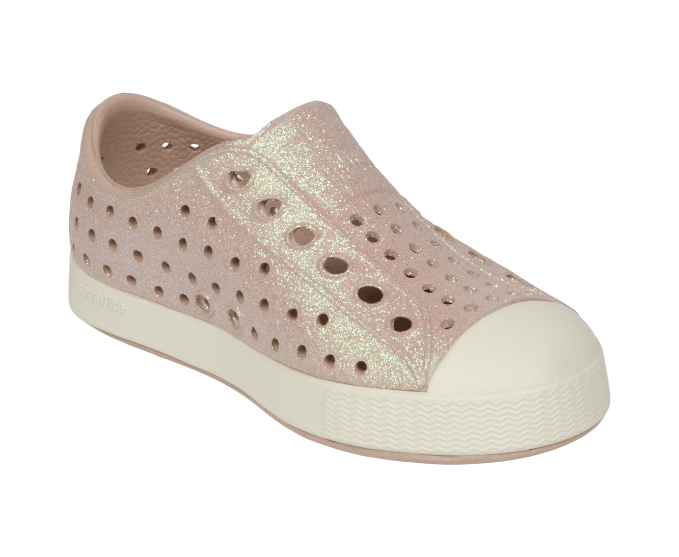 Bottom view of a Native Shoes Kids Jefferson Bio-Bling Kids | Chameleon Pink Bling / Bone White Footwear in Chameleon Pink Bling / Bone White