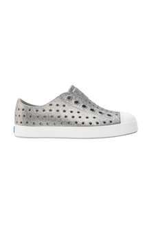 Side view of a Native Shoes Kids Jefferson Bio-Bling Kids Footwear in Platinum Bling / Shell White