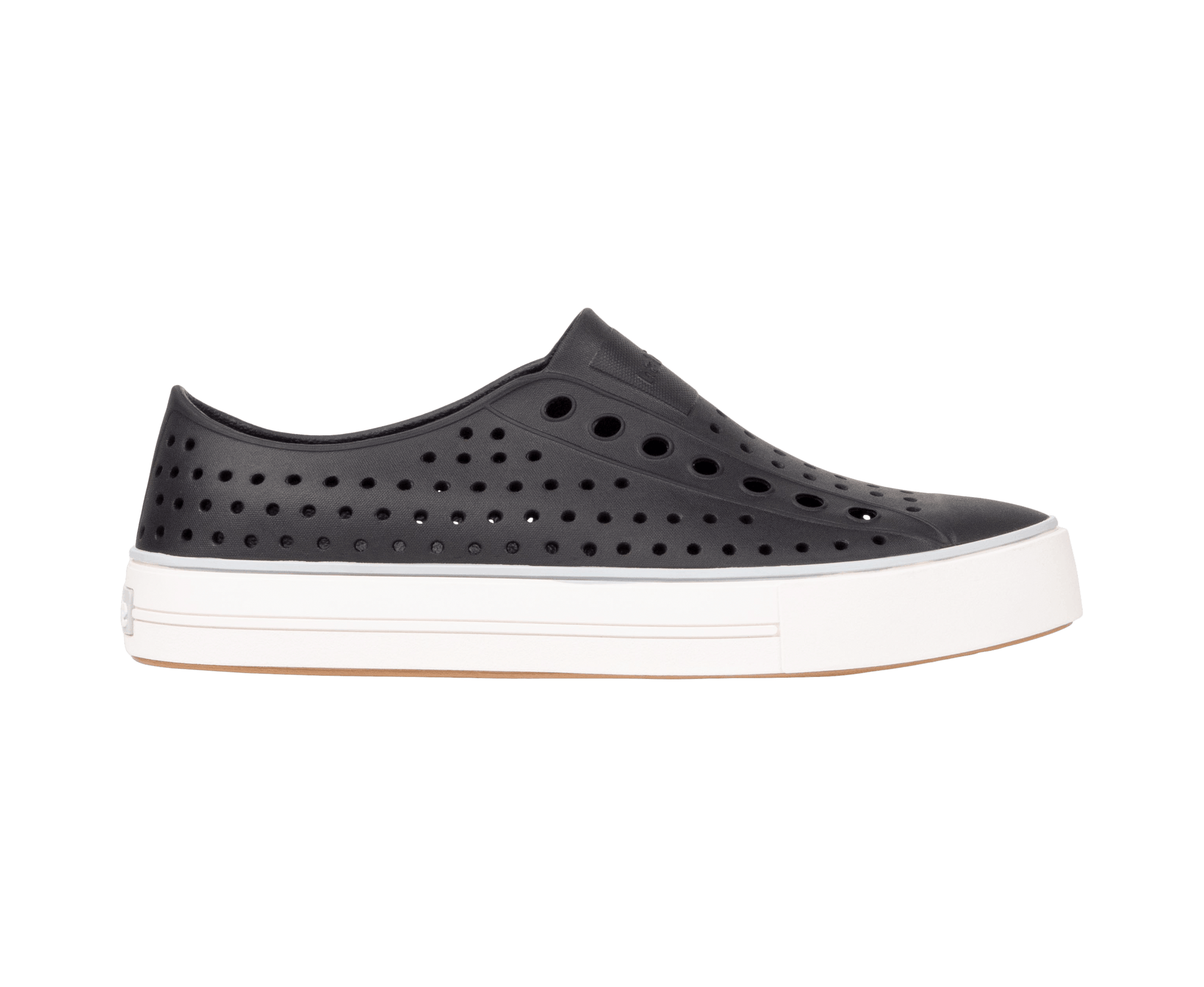 Side view of a Native Shoes Adults Jefferson Arc Wanderfoam Footwear in Jiffy Black / Whisper White