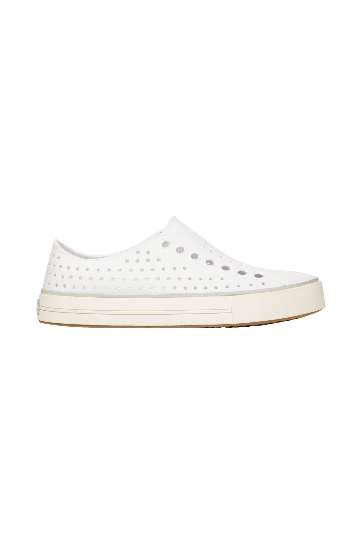 Side view of a Native Shoes Adults Jefferson Arc Wanderfoam Footwear in Shell White / Whisper White