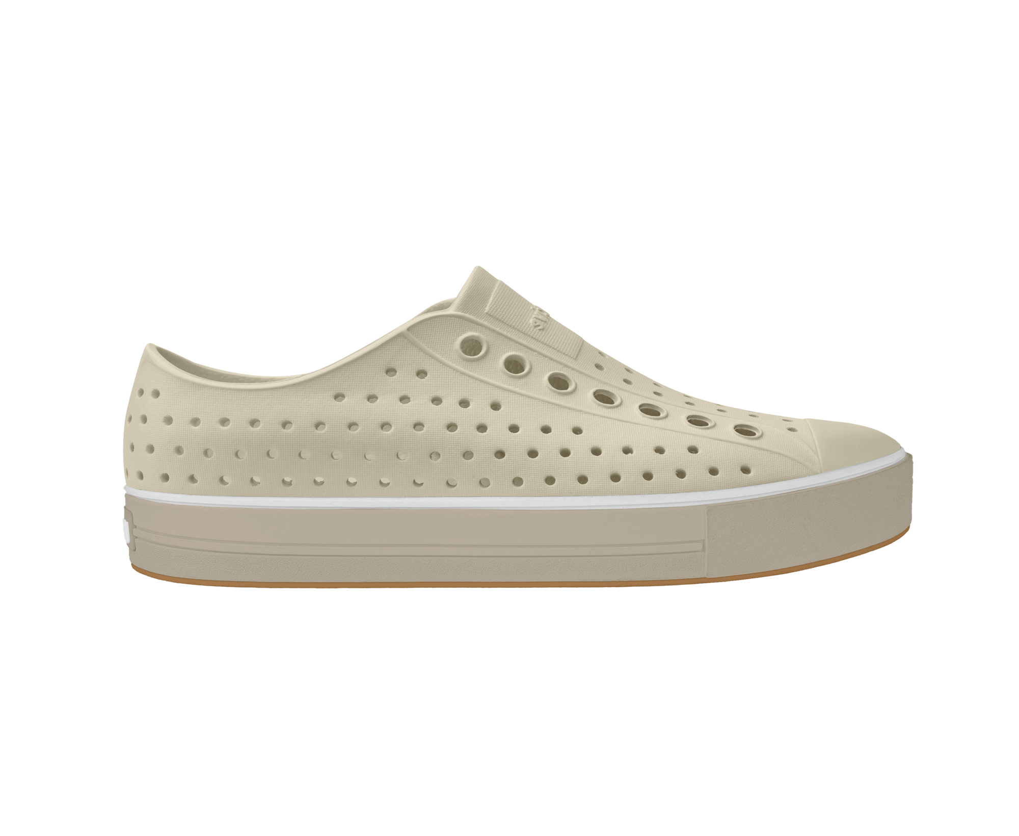 Side view of a Native Shoes Adults Jefferson Arc Wanderfoam Footwear in Bone White / Fog Beige