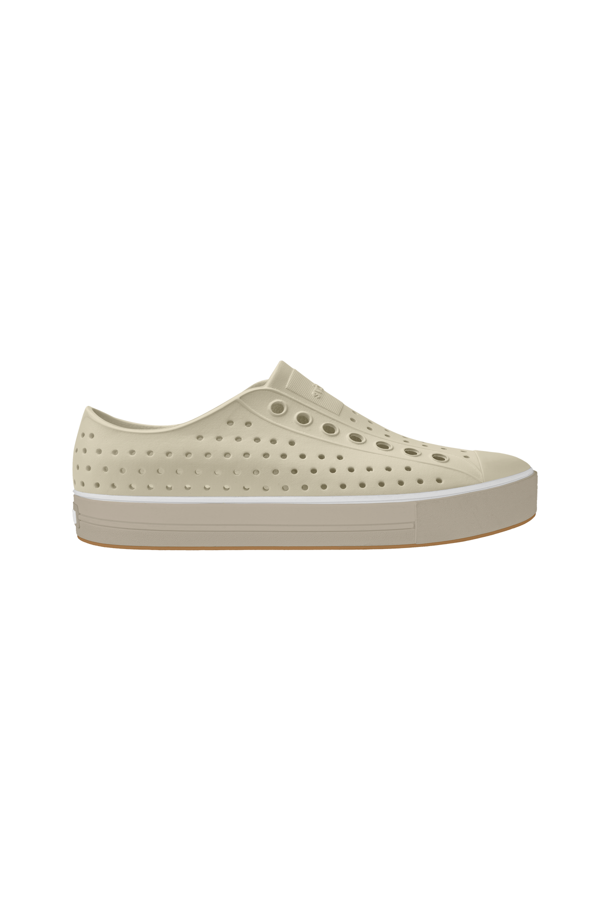 Side view of a Native Shoes Adults Jefferson Arc Wanderfoam Footwear in Bone White / Fog Beige
