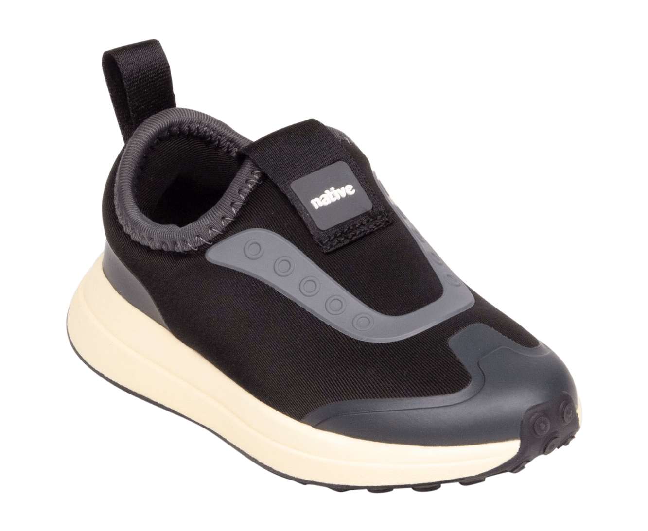 Bottom view of a Native Shoes Kids Robbie Dash Kids | Jiffy Black / Tapioca Off White / Jiffy Black Footwear in Jiffy Black / Tapioca Off White / Jiffy Black