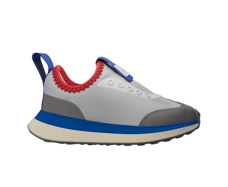 Side view of a Native Shoes Kids Robbie Dash Kids Footwear in Hyams Grey / Tapioca Uv / Jiffy Black