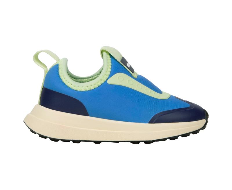 Side view of a Native Shoes Kids Robbie Dash Kids Footwear in Megamarine Blue / Tapioca Off White / Jiffy Black