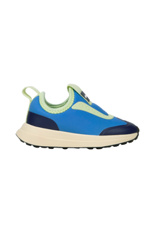 Side view of a Native Shoes Kids Robbie Dash Kids Footwear in Megamarine Blue / Tapioca Off White / Jiffy Black