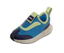 Angled view of a Native Shoes Kids Robbie Dash Kids | Megamarine Blue / Tapioca Off White / Jiffy Black Footwear in Megamarine Blue / Tapioca Off White / Jiffy Black