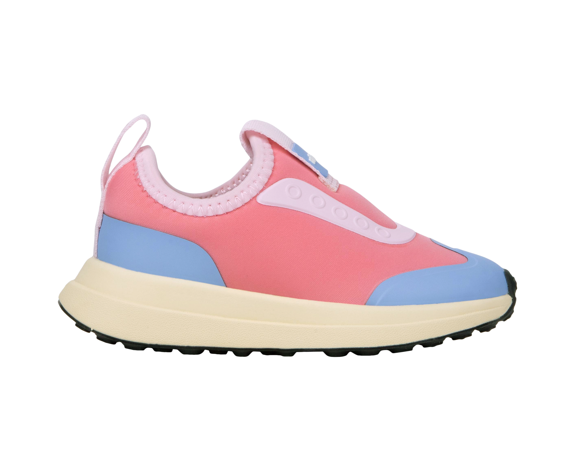 Side view of a Native Shoes Kids Robbie Dash Kids Footwear in Flamingo Pink / Tapioca Off White / Jiffy Black