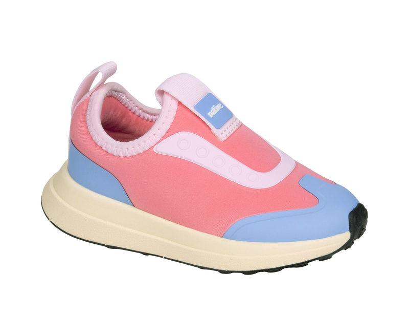 Angled view of a Native Shoes Kids Robbie Dash Kids | Flamingo Pink / Tapioca Off White / Jiffy Black Footwear in Flamingo Pink / Tapioca Off White / Jiffy Black