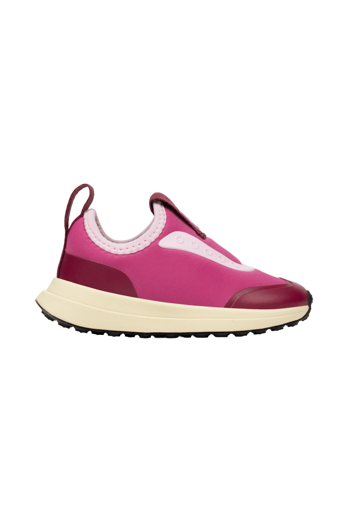 Side view of a Native Shoes Kids Robbie Dash Kids Footwear in Smbpnk/Tapoffwht/Jfyblk