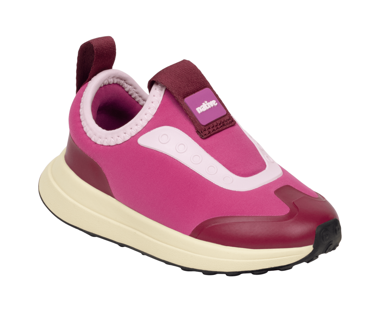 Bottom view of a Native Shoes Kids Robbie Dash Kids | Smbpnk/Tapoffwht/Jfyblk Footwear in Smbpnk/Tapoffwht/Jfyblk