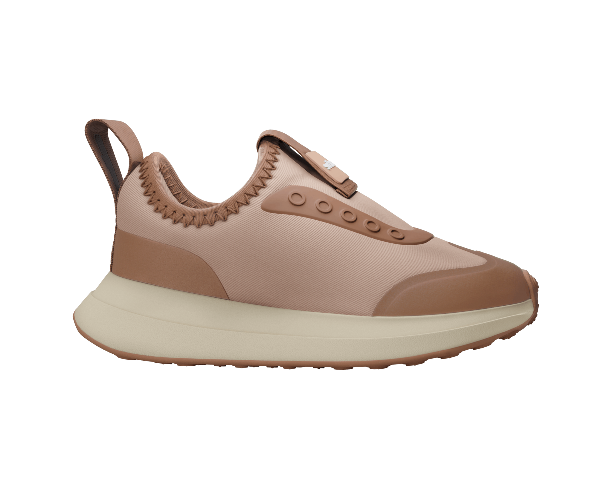 Side view of a Native Shoes Kids Robbie Dash Kids Footwear in Chameleon Pink / Tapioca Off White / Hazel Brown