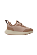 Side view of a Native Shoes Kids Robbie Dash Kids Footwear in Chameleon Pink / Tapioca Off White / Hazel Brown