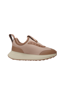 Side view of a Native Shoes Kids Robbie Dash Kids Footwear in Chameleon Pink / Tapioca Off White / Hazel Brown